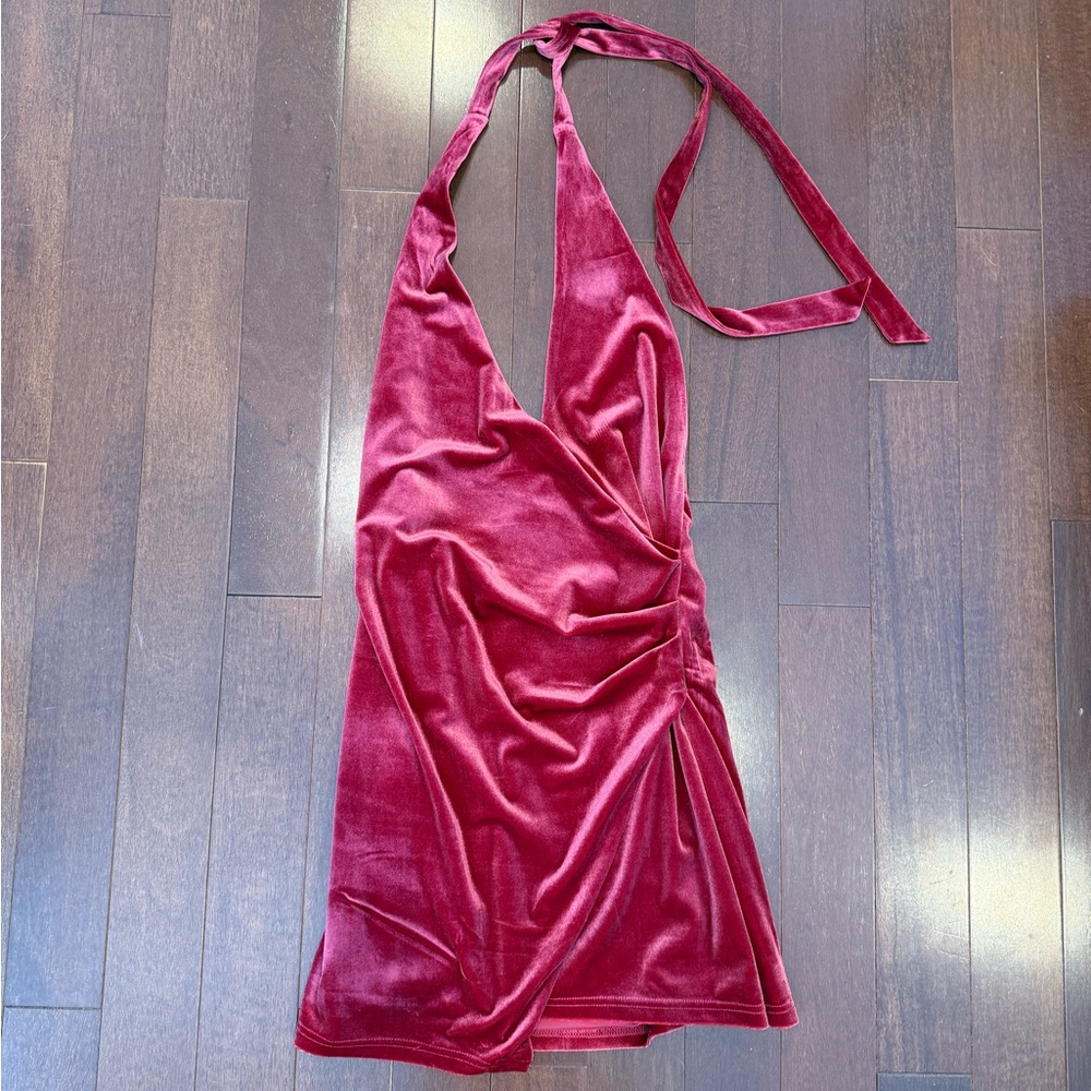 A World Away- Velvet Halter Dress in Rich Red